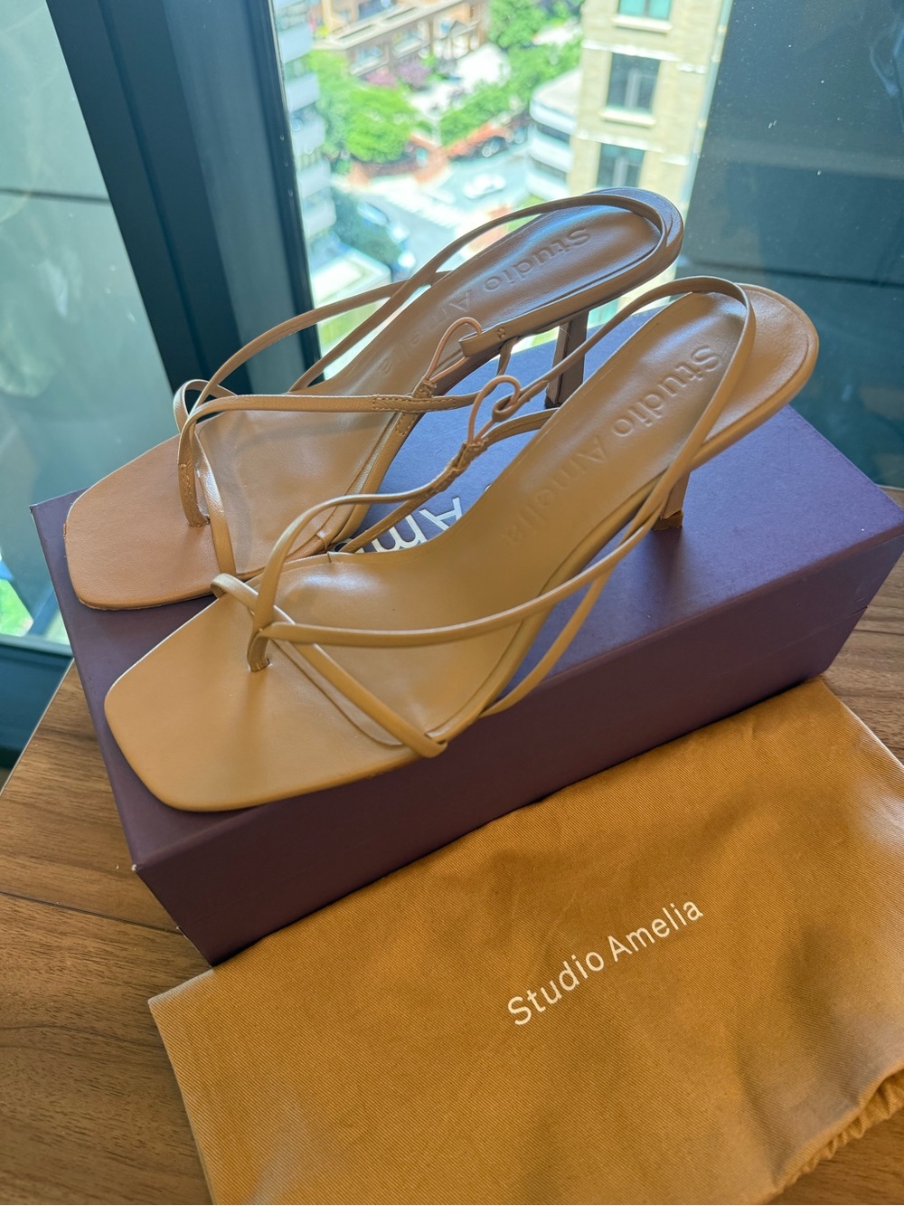 STUDIO AMELIA Tan Strappy Kitten Heel Sandals
